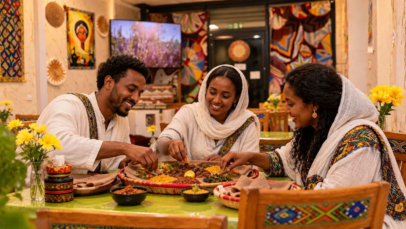 Communal Ethiopian feast in a cosy cafe
