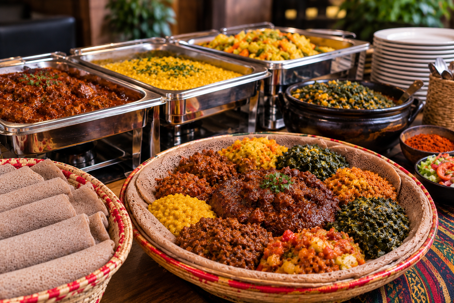 Ethiopian-inspired injera buffet spread