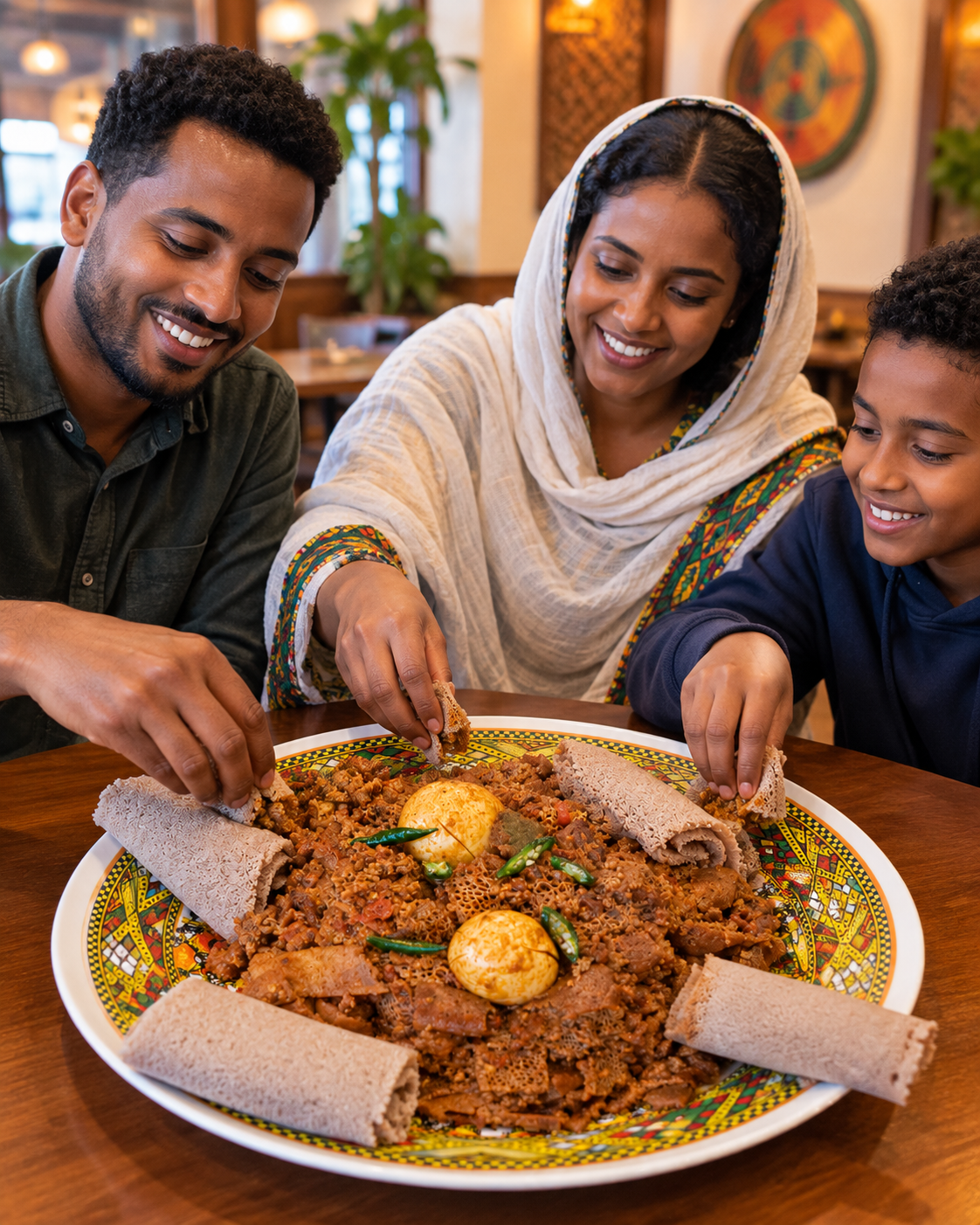 A family sharing a traditional Ethiopian platter with injera